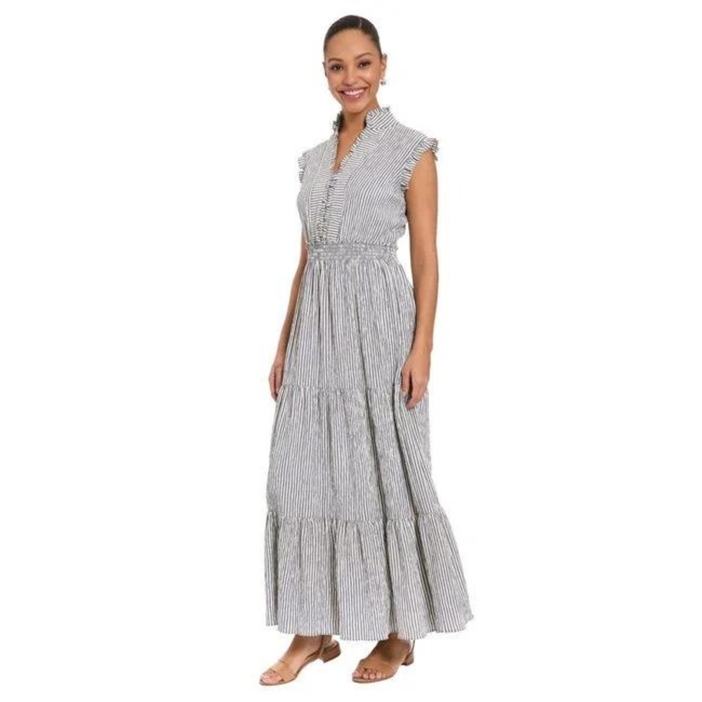 NWT London Times Women's Gray Striped Tiered Ruffle-trim Maxi Dress size US 6P
